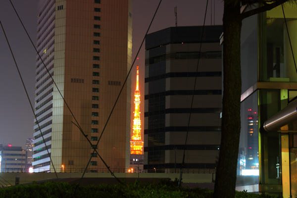 竹芝ふ頭　ビルの間から東京タワーを望む